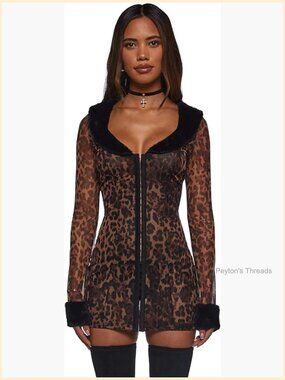 Leopard Mesh Midi Dress with Faux Fur Collar & Cuffs, Long Sleeves